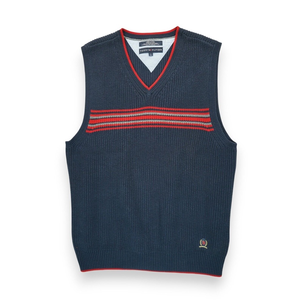 Vintage 90s Tommy Hilfiger Sweater Vest Men's Size L Ribbed Knit Blue V- Neck